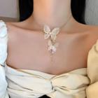 Butterfly Faux Pearl Pendant Alloy Necklace Gold & White - One Size