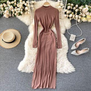 Plain Small Stand-collar Slit Long-sleeve Dress