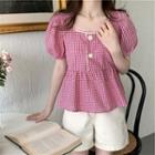 Puff-sleeve Gingham Check Blouse