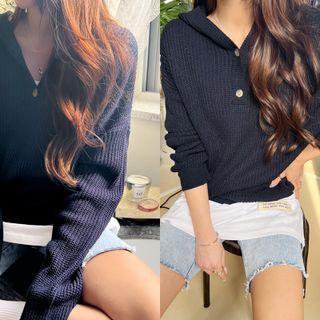Drop-shoulder Button-detail Knit Hoodie Navy Blue - One Size