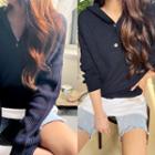 Drop-shoulder Button-detail Knit Hoodie Navy Blue - One Size