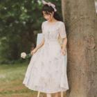 Short-sleeve Flower Print Lace Trim Midi A-line Dress
