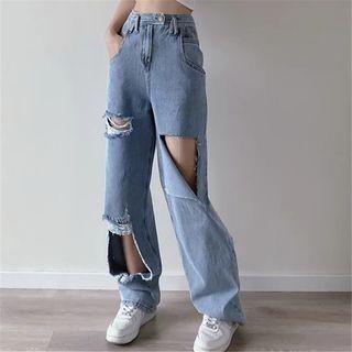 Distressed Cutout High Waist Loose Fit Wide Leg Jeans