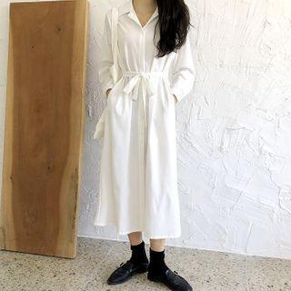 Plain Tie-waist Long-sleeve Midi Shirt Dress