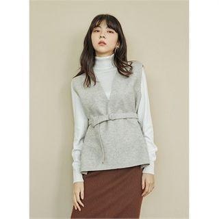 V-neck Vest With Belt Oatmeal - One Size
