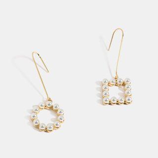 Faux Pearl Hoop & Square Dangle Earring 1 Pair - As Shown In Figure - One Size
