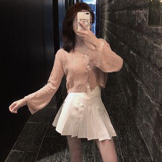 Cropped Long-sleeve Knit Top / High-waist Pleated A-line Skirt
