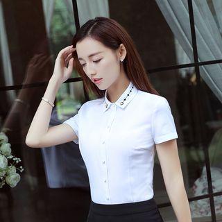Embroidered Short-sleeve Shirt / High-waist Pencil Skirt