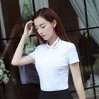 Embroidered Short-sleeve Shirt / High-waist Pencil Skirt