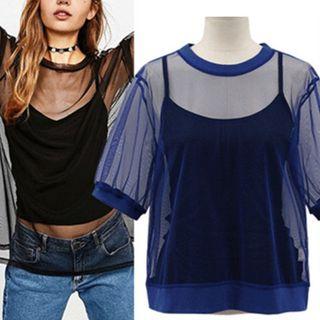 Set: Elbow-sleeve Mesh Top + Camisole