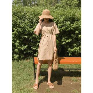 Square-neck Linen Blend Shirtdress With Sash