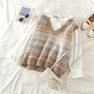 Frilled Long-sleeve Blouse / Pattern V-neck Knit Vest