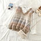 Frilled Long-sleeve Blouse / Pattern V-neck Knit Vest