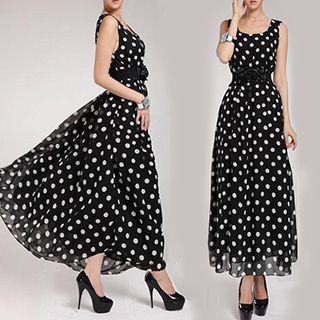 Tie Waist Dotted Chiffon Maxi Dress
