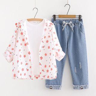 Flower Print Hooded Light Jacket / Cropped Jeans / Set