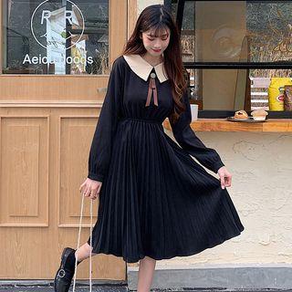Collared Long-sleeve Midi Pleated Skirt