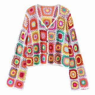 Embroidered Cardigan Red & Yellow & Green - One Size