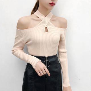 Halter Off Shoulder Long-sleeve Knit Top