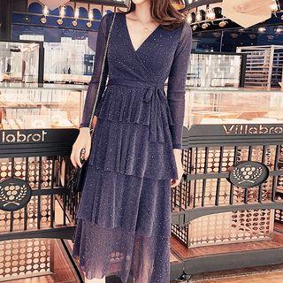 Long-sleeve Panel Velvet Layered Skirt