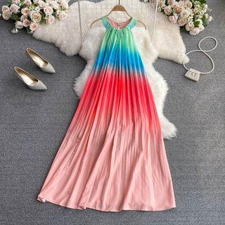Gradient Pleated Halter Dress
