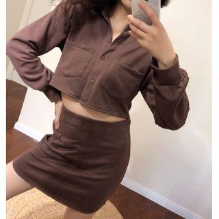 Set: Plain Long-sleeve Crop Top + Skirt