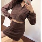 Set: Plain Long-sleeve Crop Top + Skirt