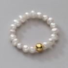 Faux Pearl Sterling Silver Elastic Ring 1pc - Gold & White - One Size
