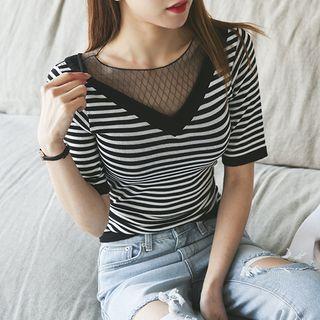 Mesh-yoke V-neck Stripe Top