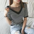 Mesh-yoke V-neck Stripe Top