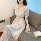 Short Sleeve V-neck Lace Trim Ruffled Floral Chiffon Midi Dress