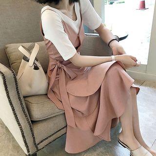 Set: Elbow-sleeve T-shirt + Spaghetti Strap Ruffled A-line Midi Dress