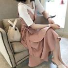 Set: Elbow-sleeve T-shirt + Spaghetti Strap Ruffled A-line Midi Dress