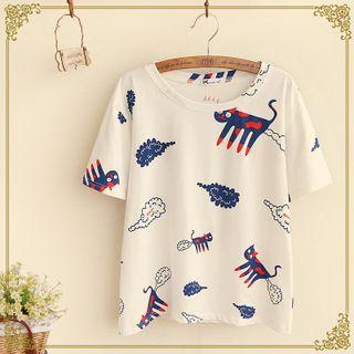 Cat Print Crewneck T-shirt