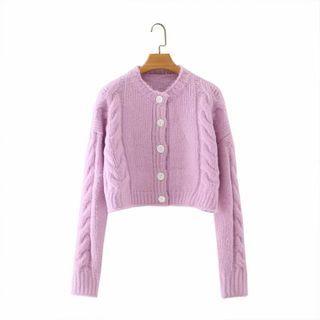Cable Knit Cropped Cardigan Purple - One Size