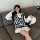 Printed Zebra Sleeveless Sweater / Plain Long-sleeve Top
