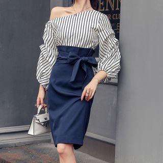 Set: Striped One-shoulder Blouse + High-waist Straight-fit Skirt