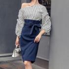 Set: Striped One-shoulder Blouse + High-waist Straight-fit Skirt