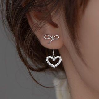 Bow Heart Rhinestone Sterling Silver Dangle Earring 1 Pair - Silver - One Size
