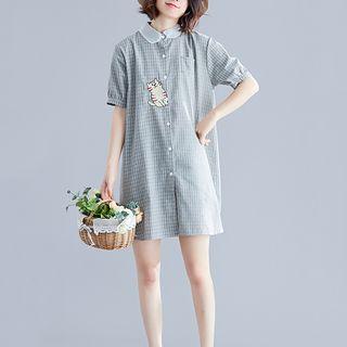 Short-sleeve Cat Embroidered Mini Plaid Shirtdress