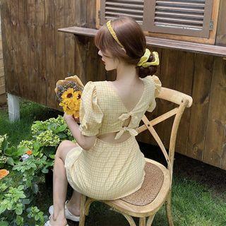 Puff-sleeve Square-neck Plaid A-line Dress