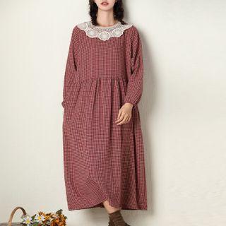 Long-sleeve Plaid Lace Panel Midi A-line Dress