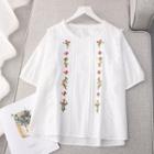 Short-sleeve Floral Embroidered Lace Trim Blouse White - One Size
