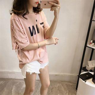 Elbow-sleeve Lettering Lace-up Top
