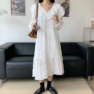 Puff-sleeve Ruffled Midi A-line Dress White - One Size