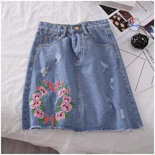 Floral Embroidered Denim A-line Skirt