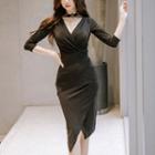 Deep V-neck 3/4-sleeve Midi Sheath Dress