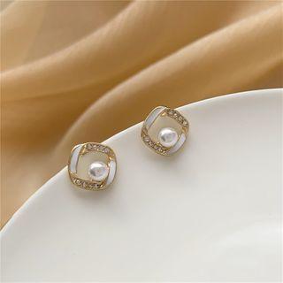 Faux Pearl Rhinestone Square Alloy Earring 1 Pair - Faux Pearl Rhinestone Square Alloy Earring - Gold - One Size