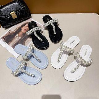 Faux Pearl T-strap Flip-flops