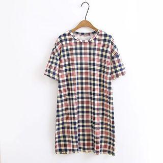 Short Sleeve Floral Print Gingham Sheath Dress