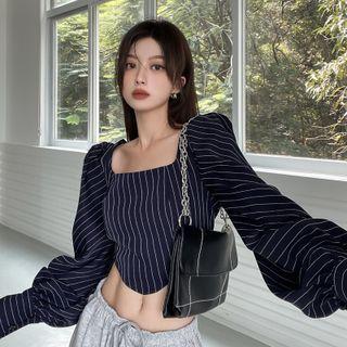 Lantern-sleeve Striped Cropped Top